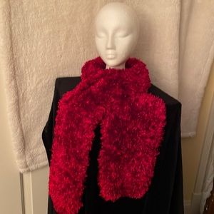 Fuzzy Red Scarf. 63” Long, 7” Wide